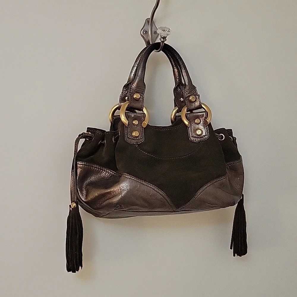 Vtg FRANCESCO BIASIA 1980s Split Suede Leather Metallic Hobo Baguette Bag